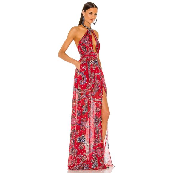 Dundas Jimi Maxi Dress Red Paisley Halter Gown Sleeveless Side Slit Sz L - Picture 2 of 12